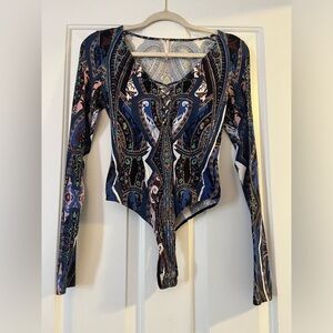 Free People Paisley Long Sleeve Bodysuit Top
